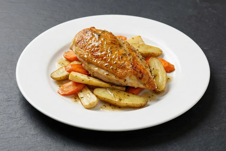 Pan Seared Chicken Breast with Lemon Herb Pan Sauce & Roasted Root Vegetables