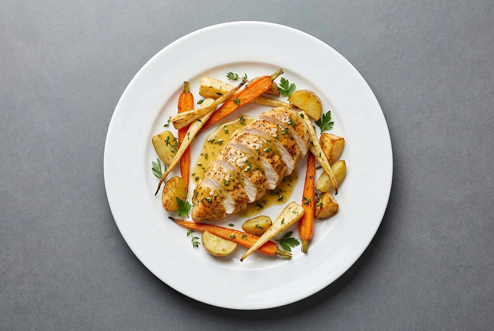 Juicy, perfectly seared chicken breast with a bright lemon herb pan sauce, accompanied by tender roasted root vegetables.