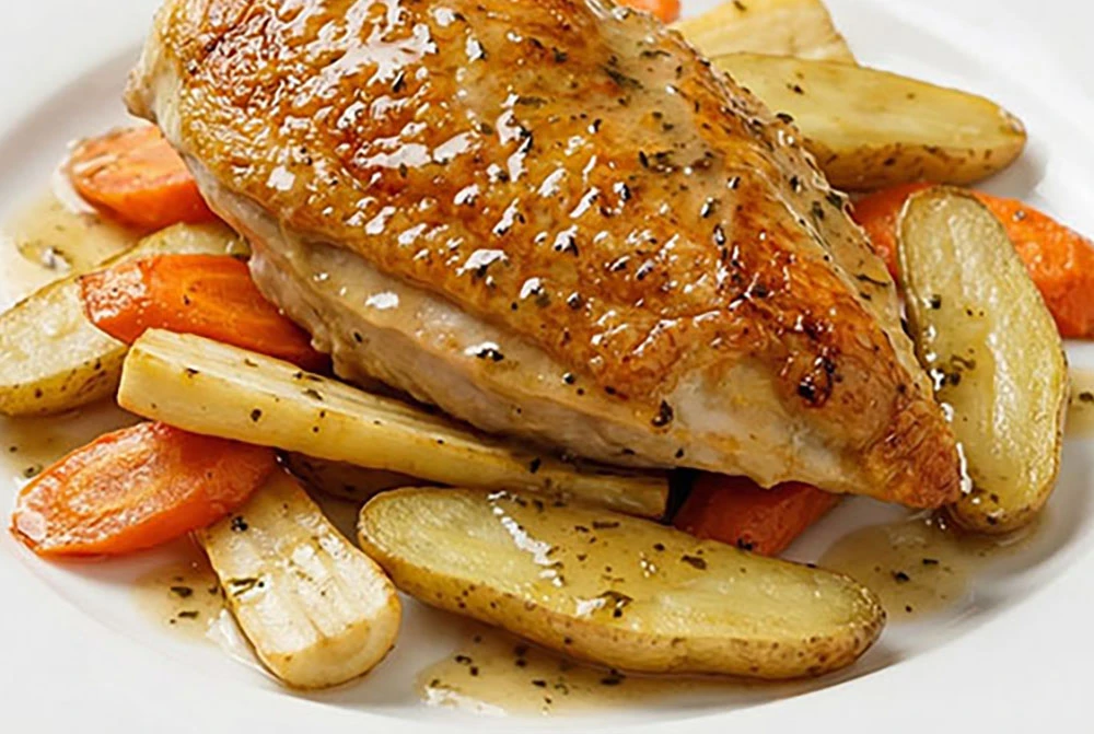 Pan Seared Chicken Breast with Lemon Herb Pan Sauce & Roasted Root Vegetables
