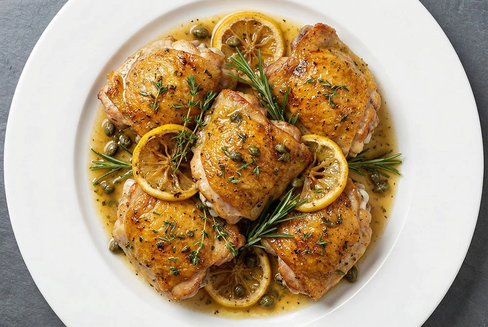 Tender, juicy chicken thighs, expertly butter basted for a golden crust and rich pan jus.