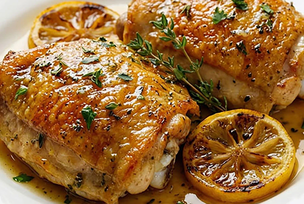 Pan Roasted Chicken Thighs with Lemon Herb Butter & Pan Jus