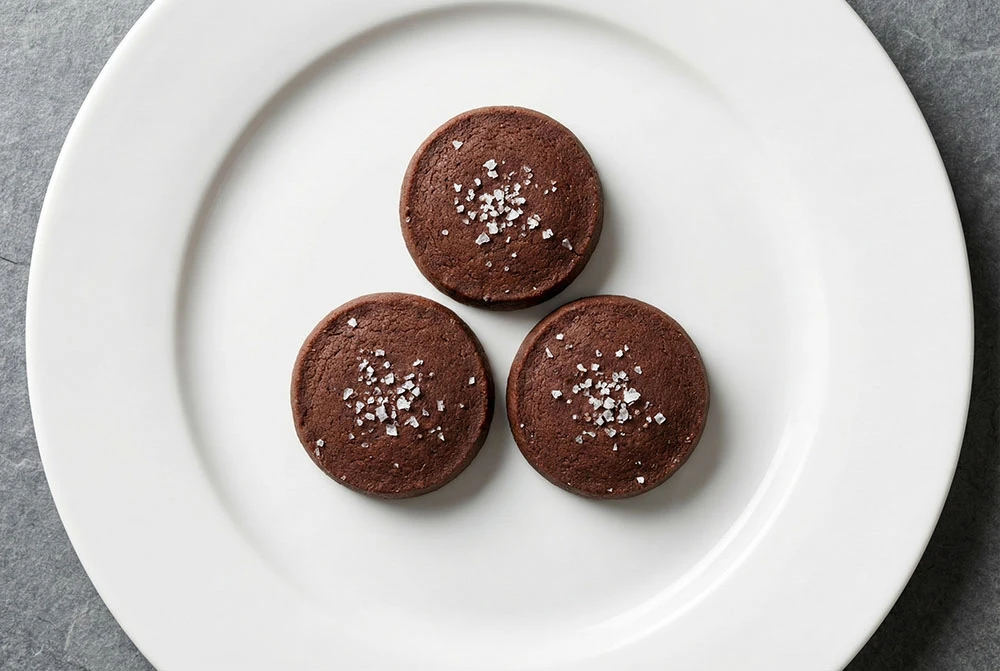 Decadent chocolate sablé cookies, precisely sliced from a chilled torchon for uniform perfection. Enhanced with flaky sea salt.