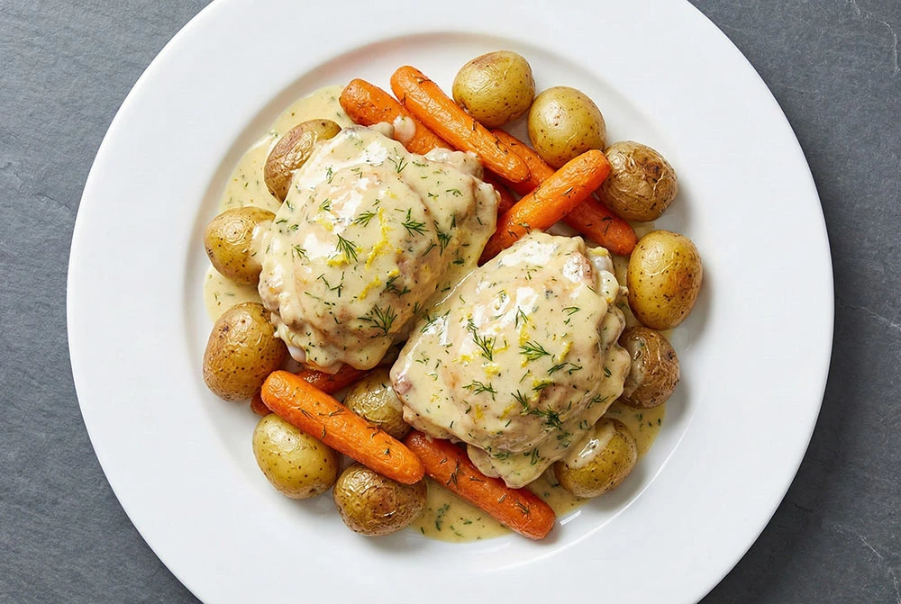 Tender chicken braised to perfection, finished with a luxurious lemon dill cream liaison for an exquisite, silky sauce.