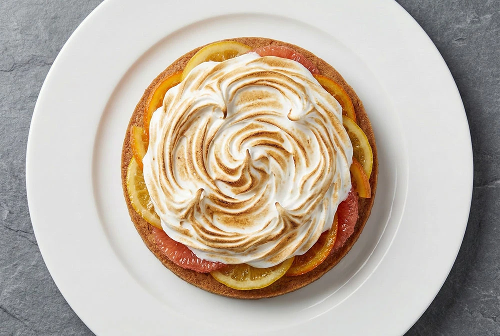 A delicate Breton shortbread base, brightened by candied citrus and crowned with ethereal Italian meringue.