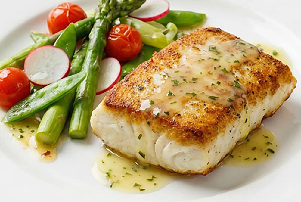 Pan Seared Halibut with Lemon Herb Emulsion and Chilled Vegetable Medley