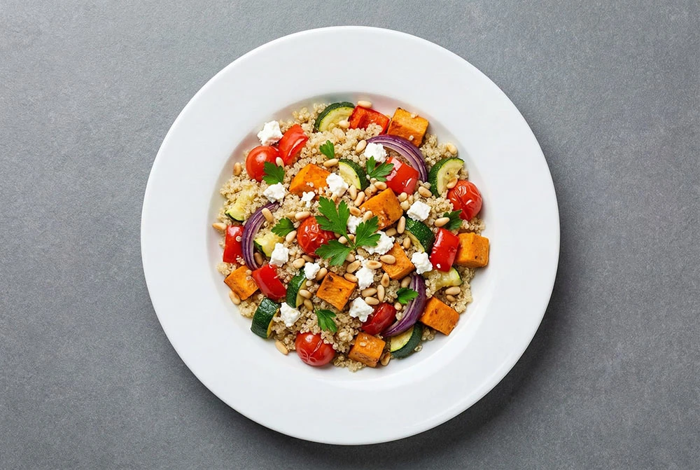 A nutrient rich, hand cubed vegetable medley and fluffy quinoa, tossed in a bright, zesty dressing. Healthy, satisfying, and elegant.