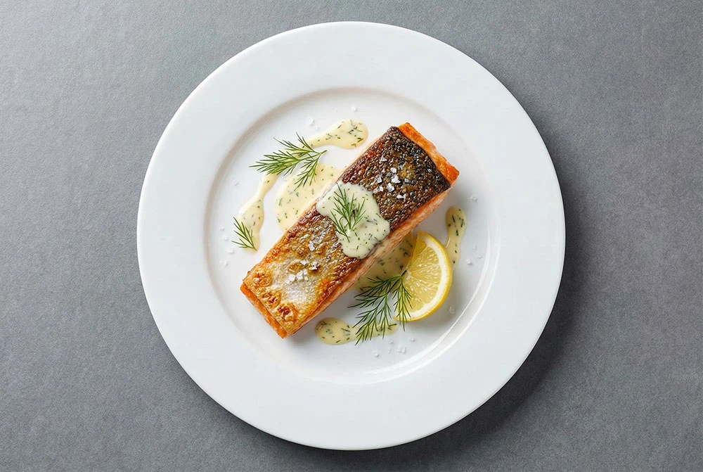 Perfectly crisp skinned salmon, air dried for ultimate texture, served with a bright, emulsified lemon dill sauce.