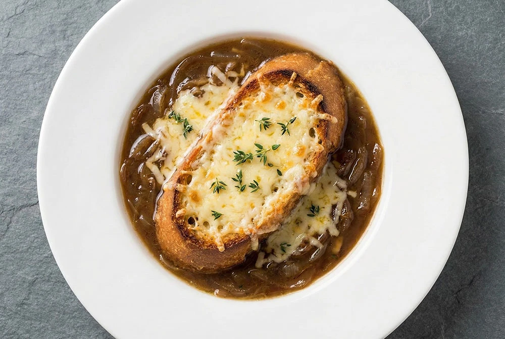 Deeply caramelized onions, savory beef broth, deglazed with sherry, topped with toasted baguette and melted Gruyère.